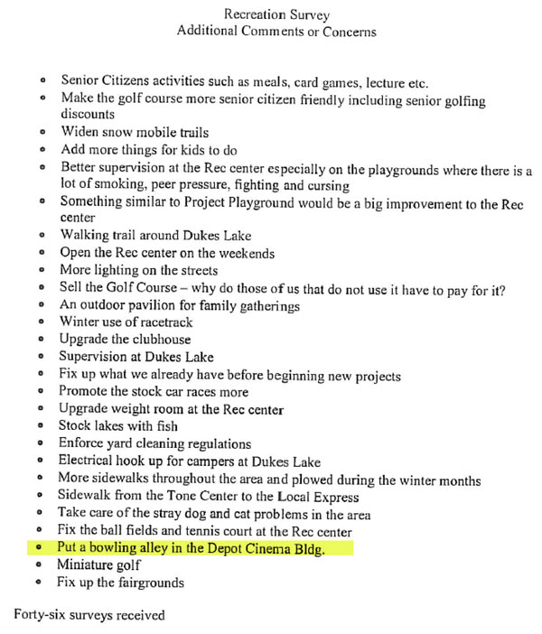 Depot Cinema (Woodside Depot Cinema, Kinross Depot Cinema) - 2008 Town Meeting Minutes Discusses Bowling Alley For Theater